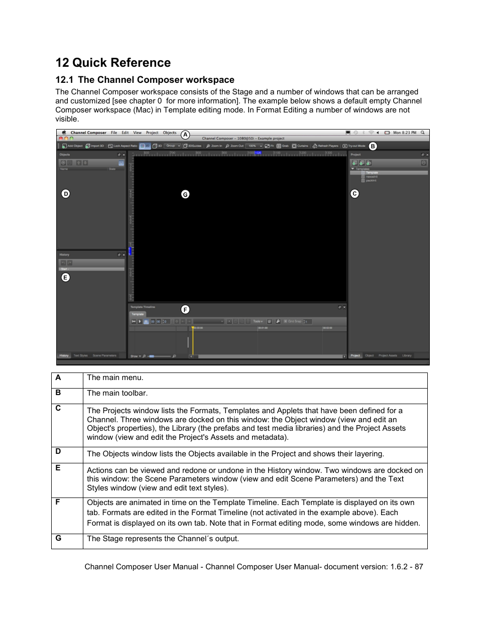 12 quick reference, 1 the channel composer workspace, Quick reference | The channel composer workspace | Grass Valley Channel Composer v.1.6.2 User Manual | Page 88 / 112