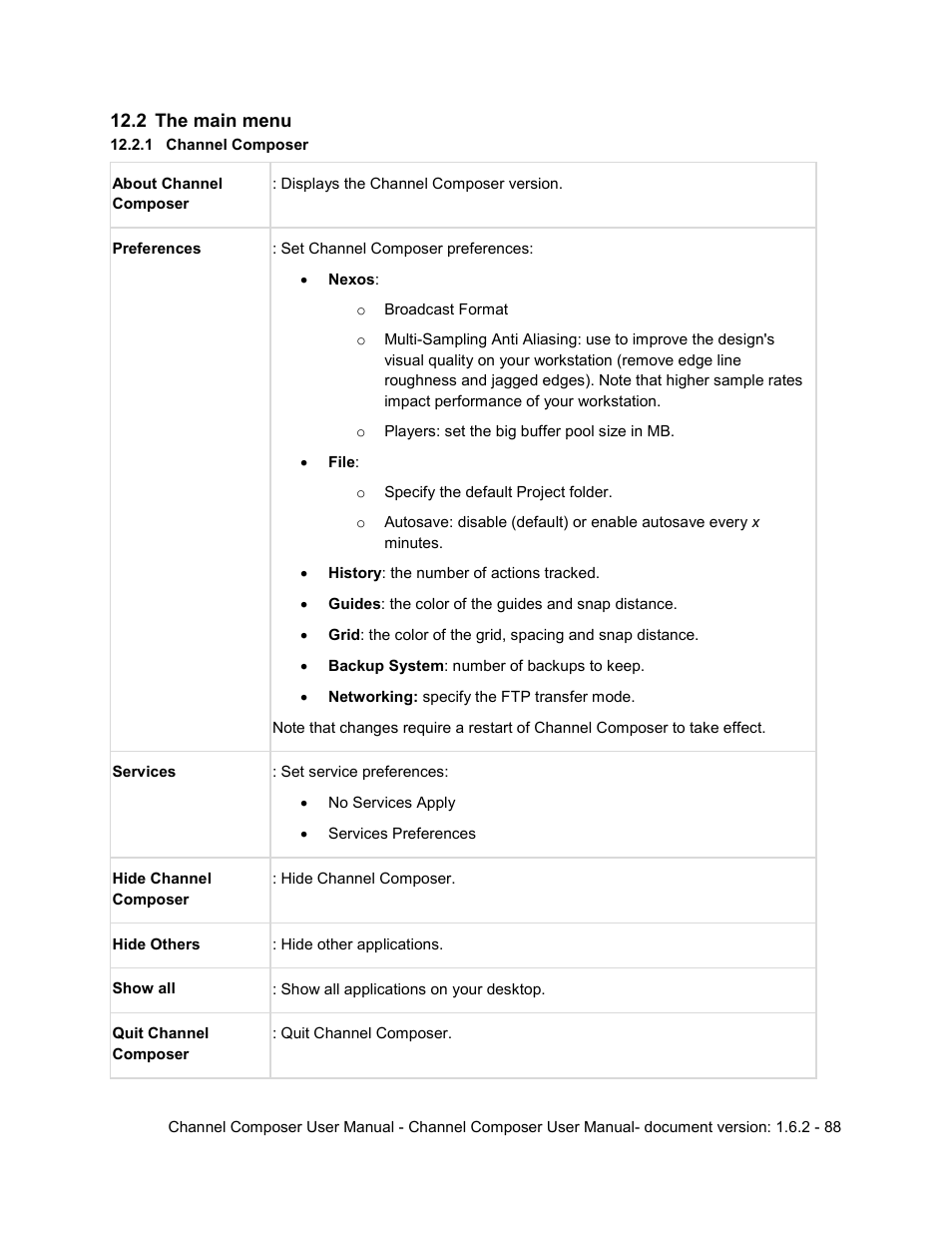 2 the main menu, 1 channel composer, The main menu | Grass Valley Channel Composer v.1.6.2 User Manual | Page 89 / 112