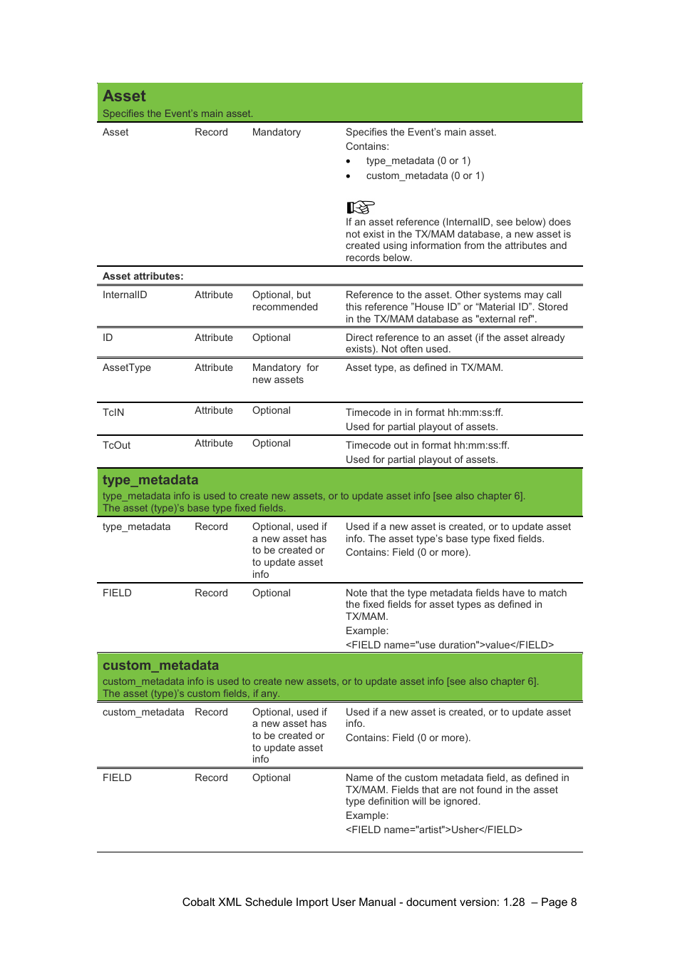 Asset, Type_metadata, Custom_metadata | Grass Valley Schedule Importer User Manual | Page 8 / 14