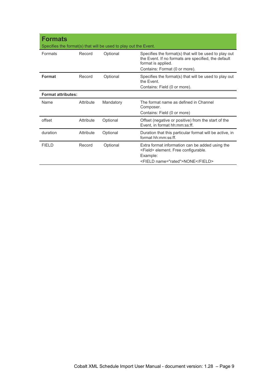 Formats | Grass Valley Schedule Importer User Manual | Page 9 / 14