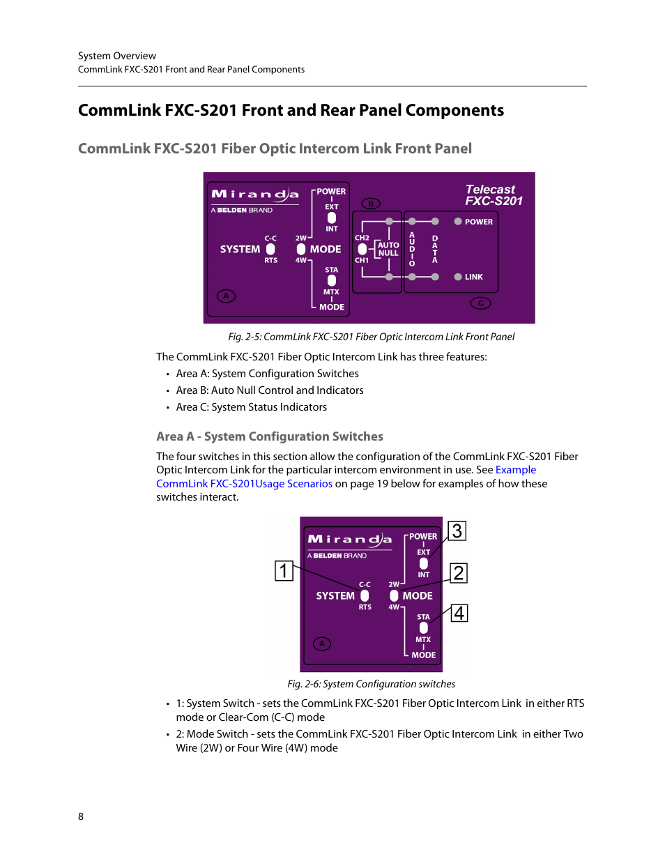 Commlink fxc-s201 front and rear panel components, Area a - system configuration switches | Grass Valley FXC-S201 User Manual | Page 12 / 37