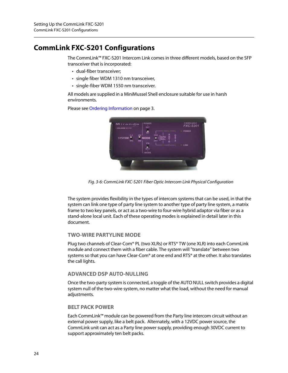 Commlink fxc-s201 configurations, Two-wire partyline mode, Advanced dsp auto-nulling | Belt pack power | Grass Valley FXC-S201 User Manual | Page 28 / 37