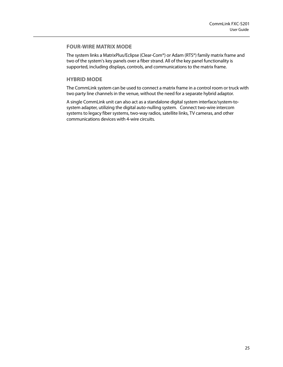 Four-wire matrix mode, Hybrid mode, Four-wire matrix mode hybrid mode | Grass Valley FXC-S201 User Manual | Page 29 / 37