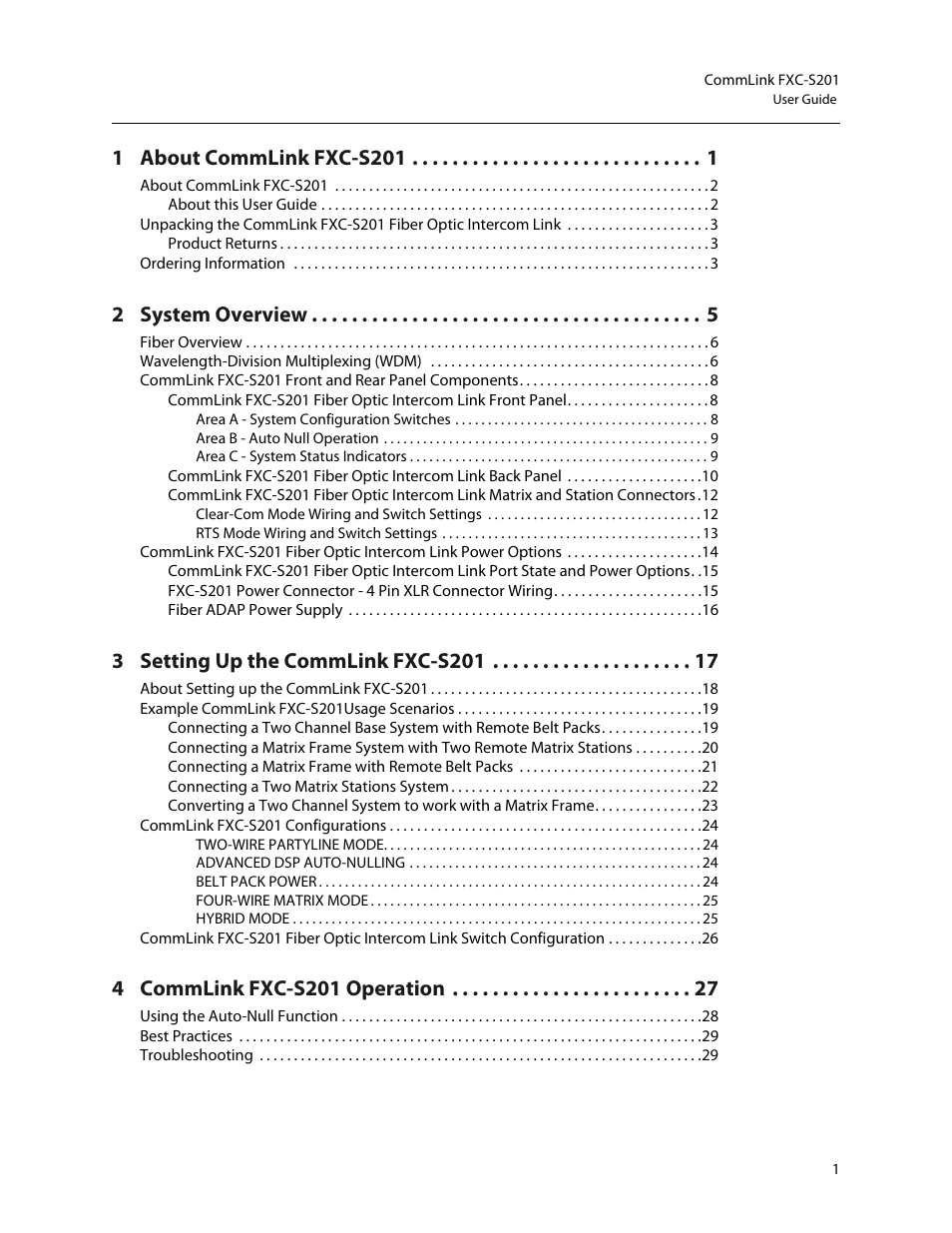 1 about commlink fxc-s201, 2 system overview, 3 setting up the commlink fxc-s201 | 4 commlink fxc-s201 operation | Grass Valley FXC-S201 User Manual | Page 3 / 37