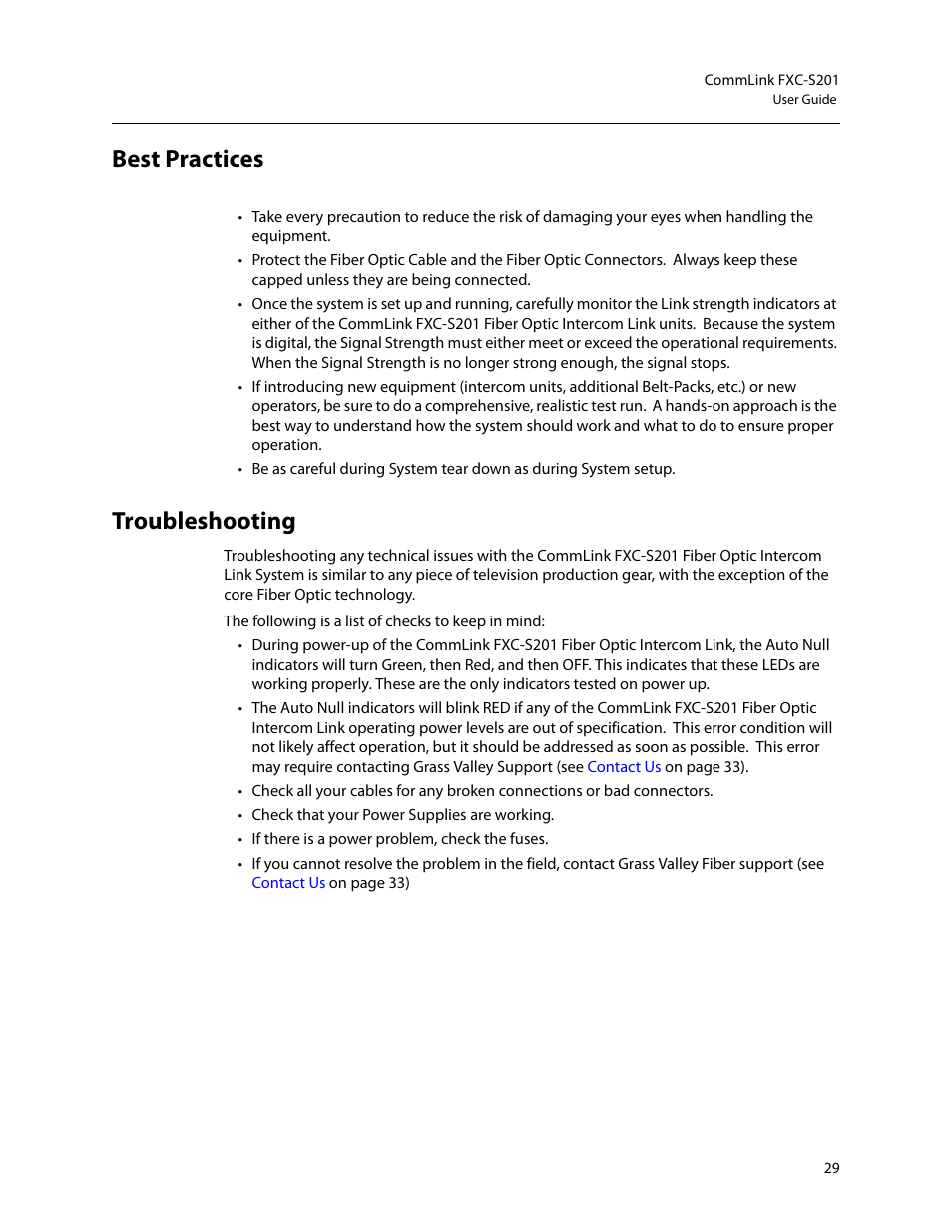 Best practices, Troubleshooting, Best practices troubleshooting | Grass Valley FXC-S201 User Manual | Page 33 / 37