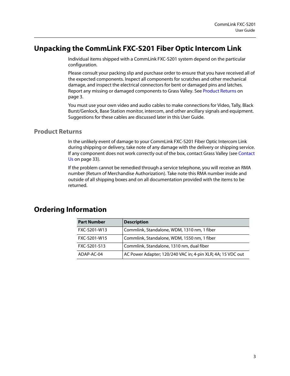 Product returns, Ordering information | Grass Valley FXC-S201 User Manual | Page 7 / 37