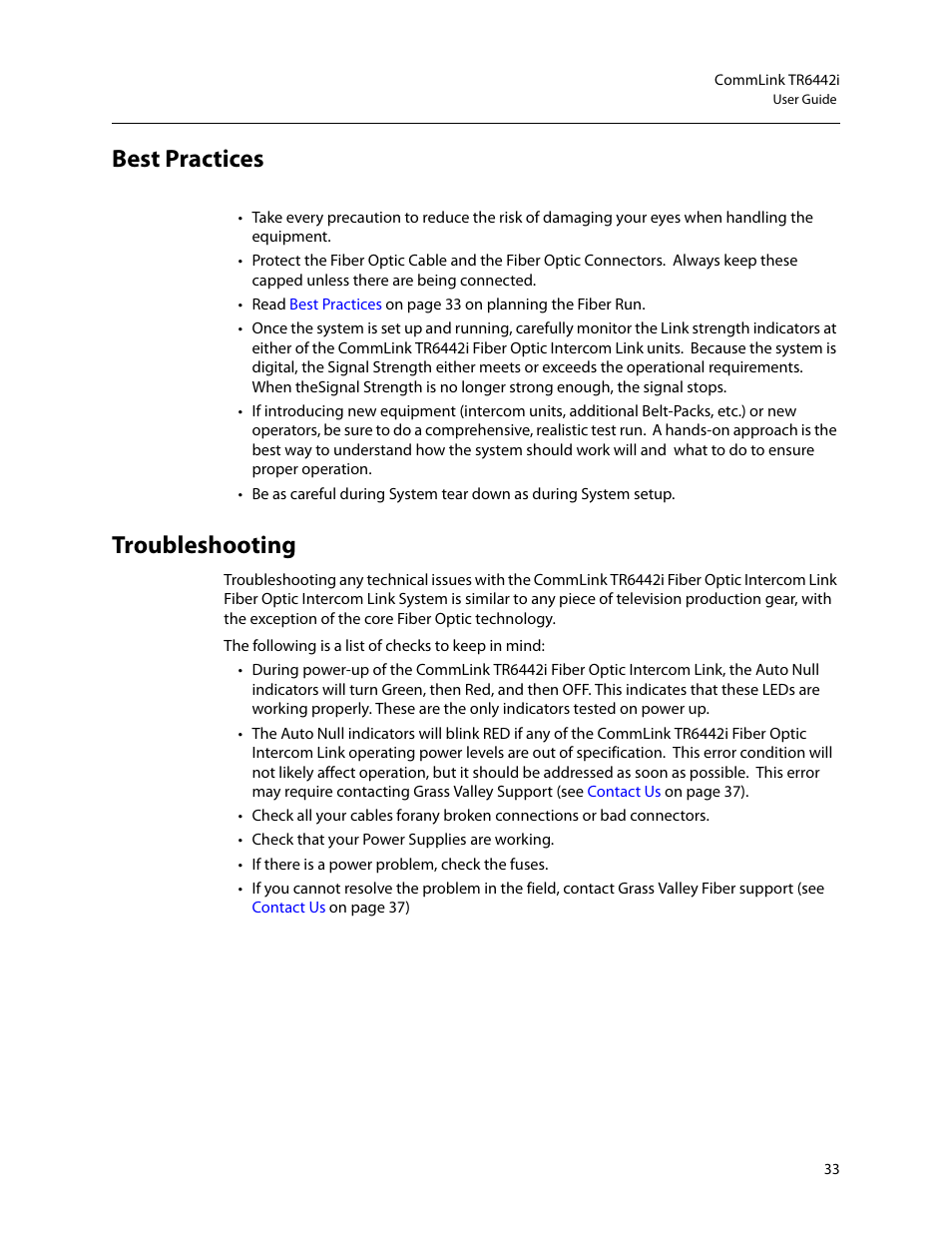 Best practices, Troubleshooting, Best practices troubleshooting | Grass Valley TR6442i User Manual | Page 37 / 51