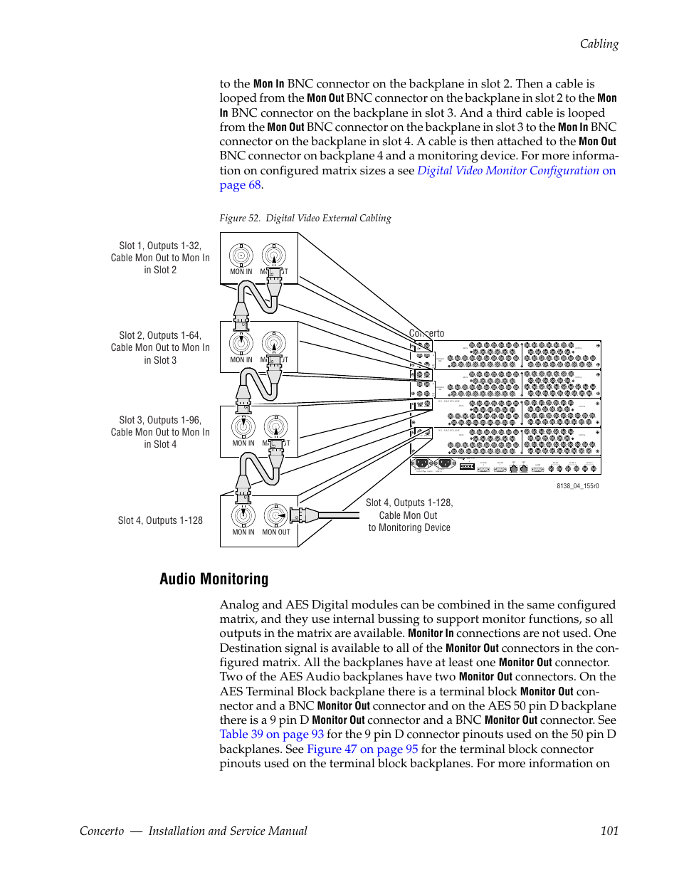Audio monitoring, Figure 52, Bnc connector on the backplane in slot 2 to the | Bnc connector on the backplane in slot 3 to the, Con- nector and a bnc, Connector and a bnc, Mon in, Mon out, Monitor in, Monitor out | Grass Valley Concerto Routing Matrix v.1.8.1 User Manual | Page 101 / 190