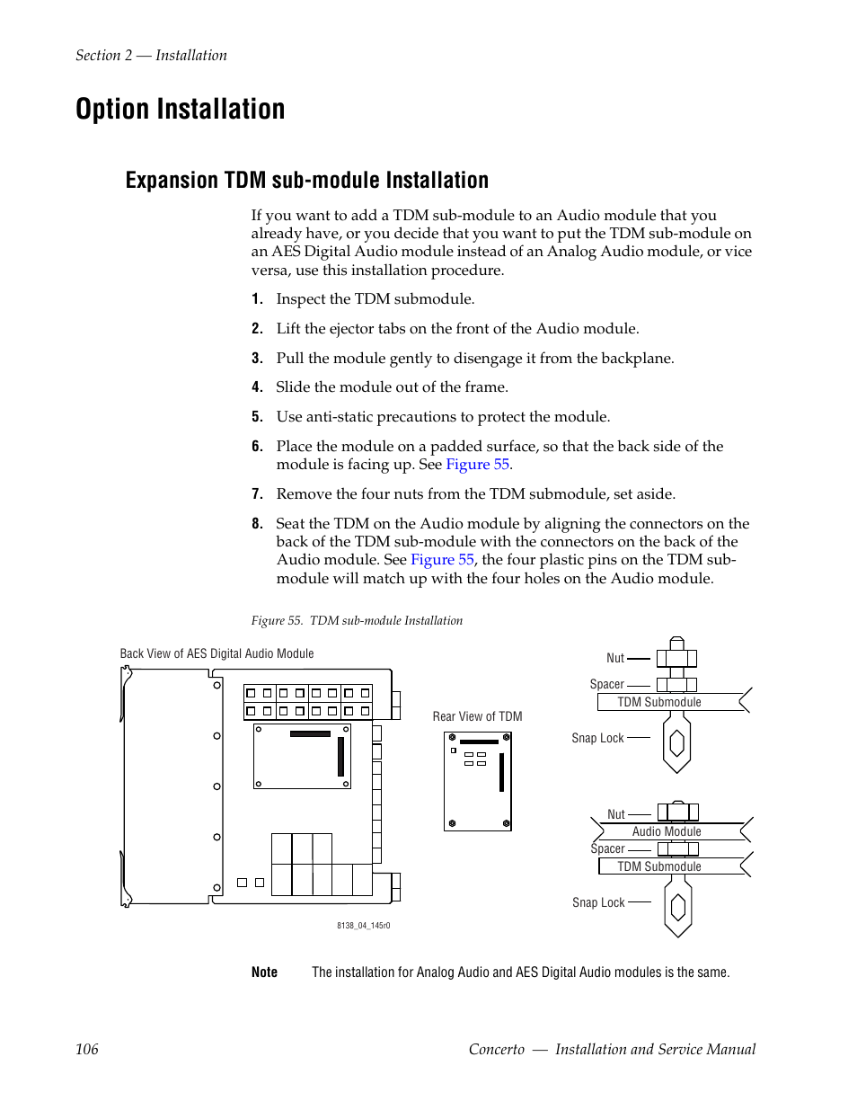 Option installation, Expansion tdm sub-module installation | Grass Valley Concerto Routing Matrix v.1.8.1 User Manual | Page 106 / 190