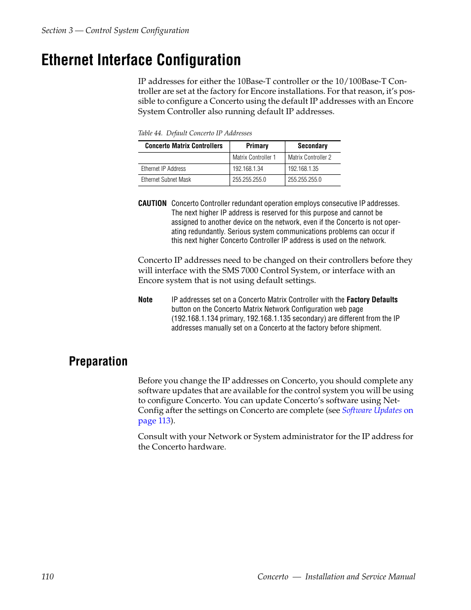 Ethernet interface configuration, Preparation | Grass Valley Concerto Routing Matrix v.1.8.1 User Manual | Page 110 / 190