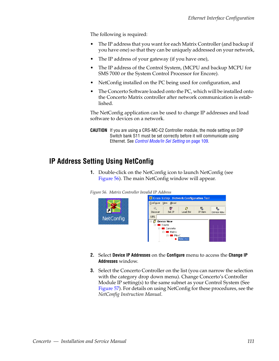 Ip address setting using netconfig | Grass Valley Concerto Routing Matrix v.1.8.1 User Manual | Page 111 / 190