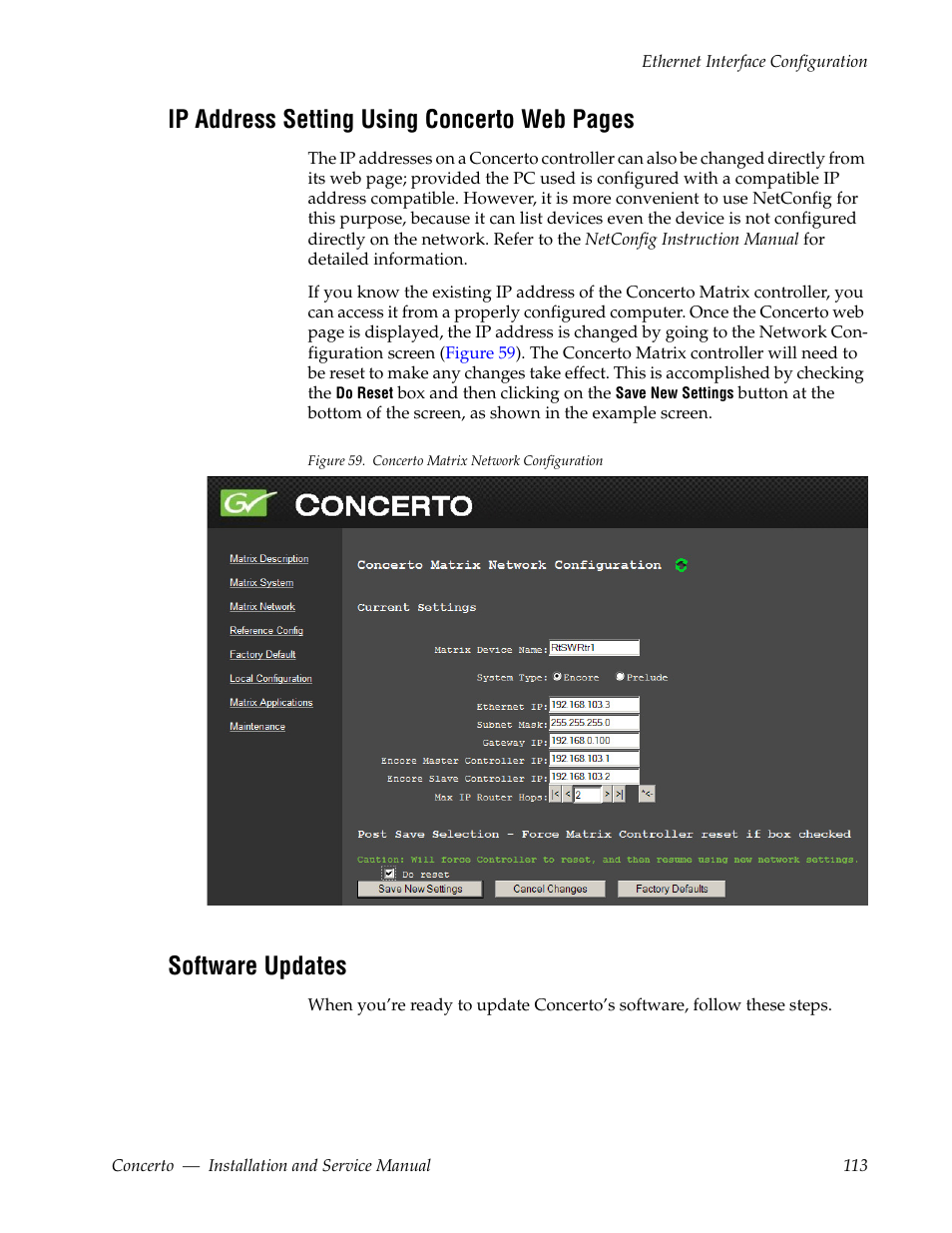 Software updates, Ip address setting using concerto web pages | Grass Valley Concerto Routing Matrix v.1.8.1 User Manual | Page 113 / 190