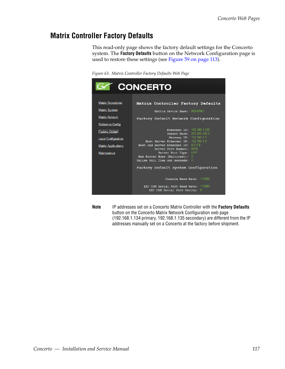 Matrix controller factory defaults | Grass Valley Concerto Routing Matrix v.1.8.1 User Manual | Page 117 / 190