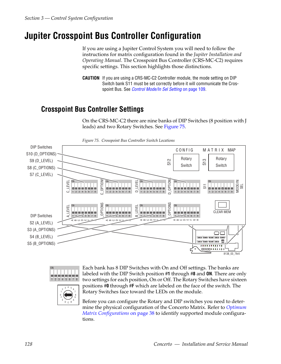 Jupiter crosspoint bus controller configuration, Crosspoint bus controller settings, Through | Grass Valley Concerto Routing Matrix v.1.8.1 User Manual | Page 128 / 190