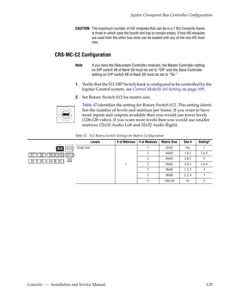 Crs-mc-c2 configuration, Set rotary switch s12 for matrix size | Grass Valley Concerto Routing Matrix v.1.8.1 User Manual | Page 129 / 190