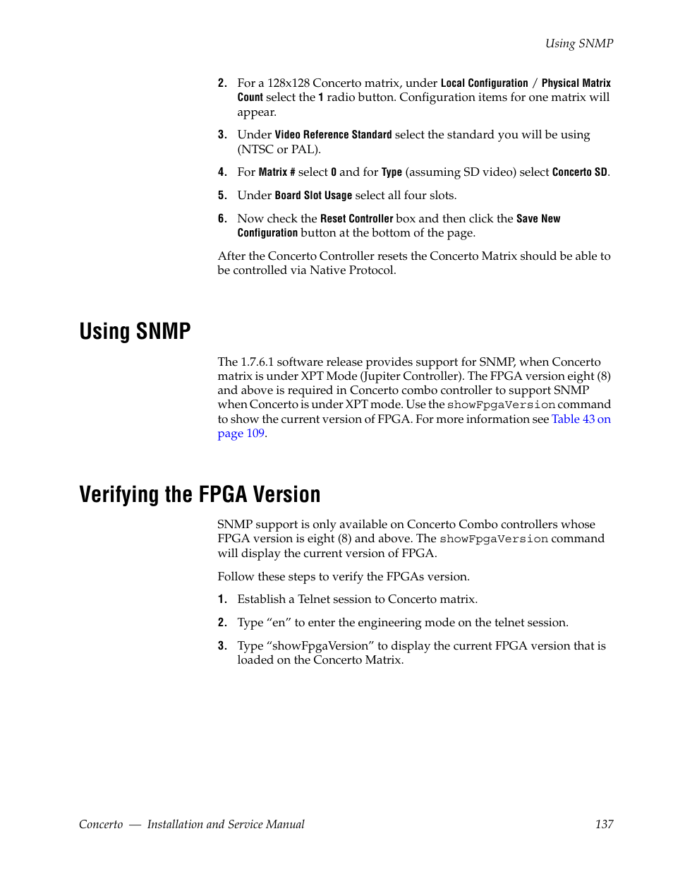 Using snmp, Verifying the fpga version | Grass Valley Concerto Routing Matrix v.1.8.1 User Manual | Page 137 / 190