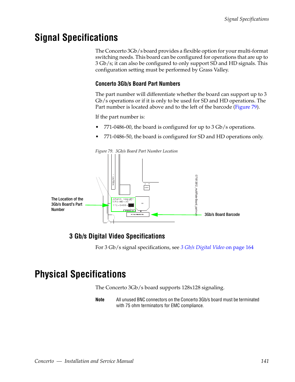 Signal specifications, 3 gb/s digital video specifications, Physical specifications | For the | Grass Valley Concerto Routing Matrix v.1.8.1 User Manual | Page 141 / 190