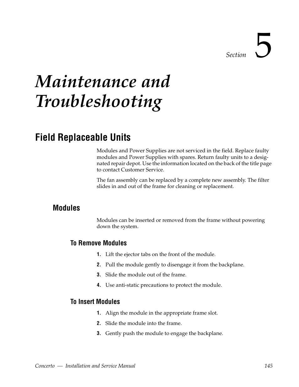 Maintenance and troubleshooting, Field replaceable units, Modules | To remove modules, To insert modules, Section 5 — maintenance and troubleshooting | Grass Valley Concerto Routing Matrix v.1.8.1 User Manual | Page 145 / 190