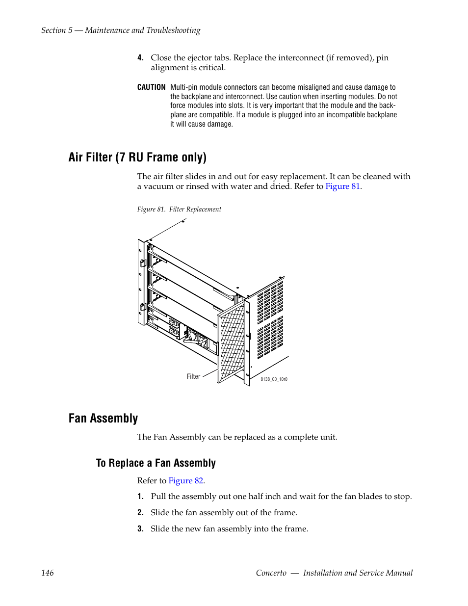 Air filter (7 ru frame only), Fan assembly, To replace a fan assembly | Grass Valley Concerto Routing Matrix v.1.8.1 User Manual | Page 146 / 190