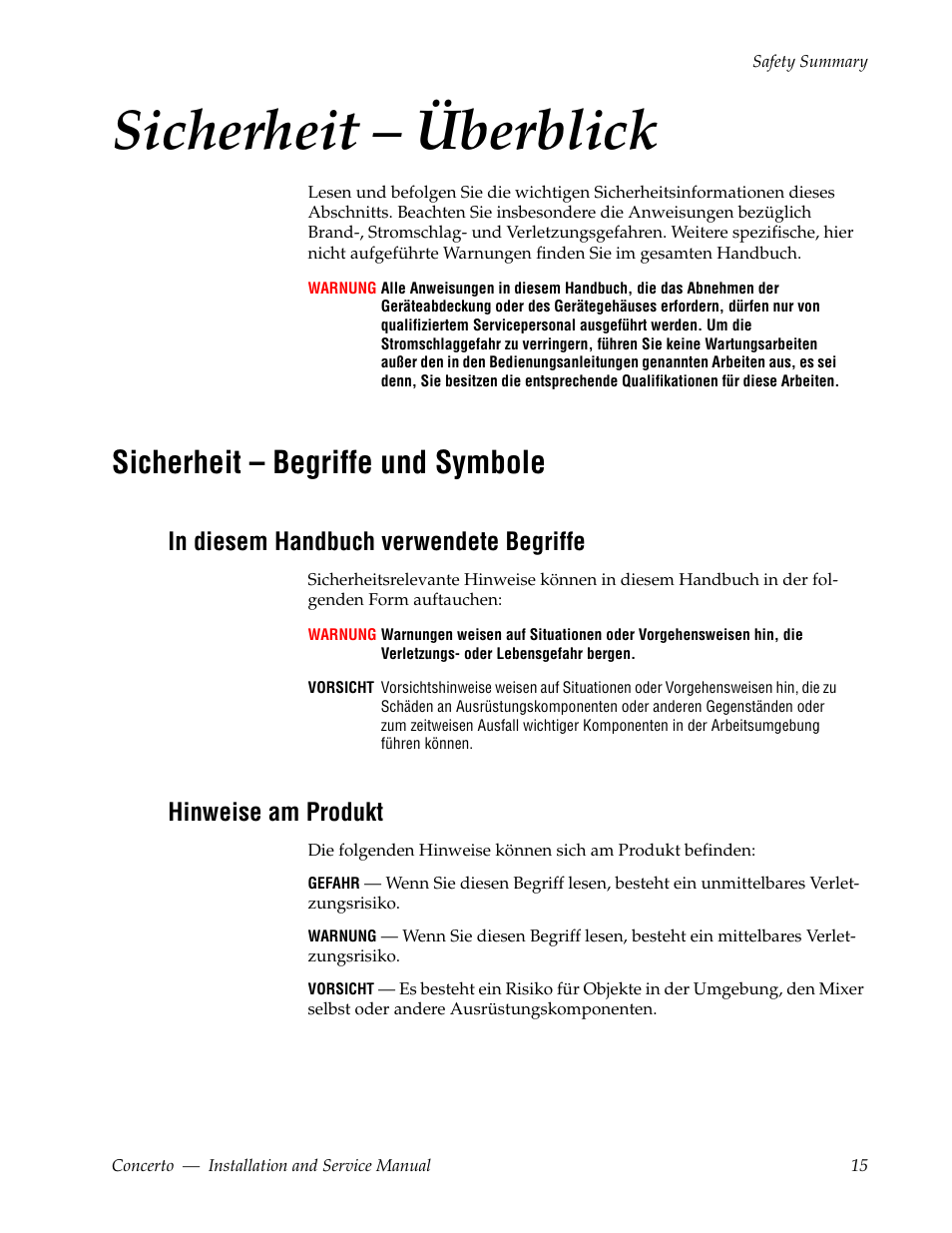 Sicherheit – überblick, Sicherheit – begriffe und symbole, Hinweise am produkt | Grass Valley Concerto Routing Matrix v.1.8.1 User Manual | Page 15 / 190