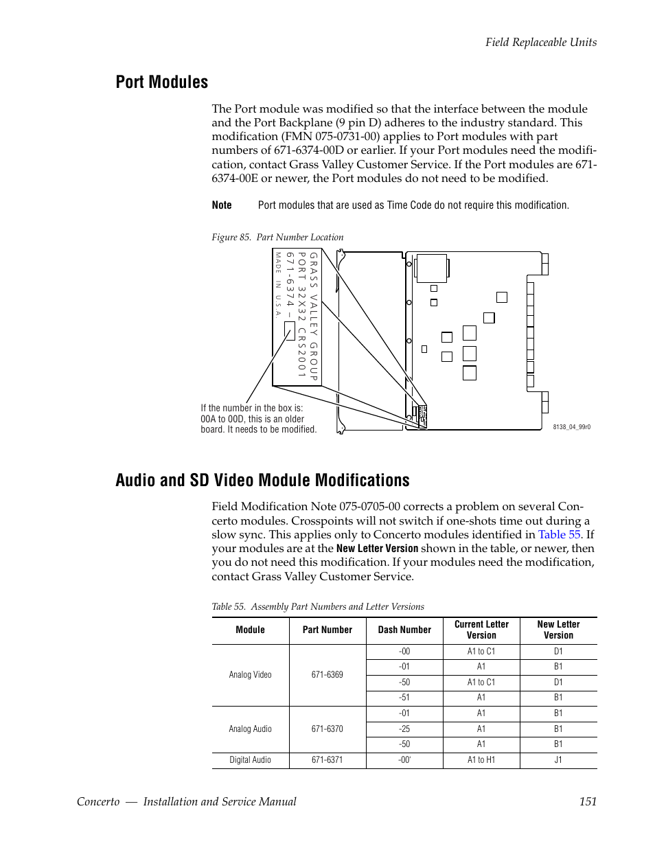 Port modules, Audio and sd video module modifications, Rrect port module (see | Port | Grass Valley Concerto Routing Matrix v.1.8.1 User Manual | Page 151 / 190