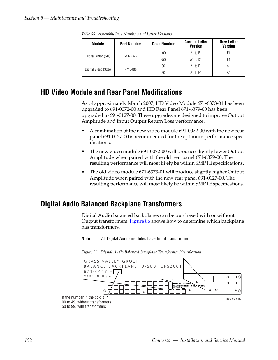 Hd video module and rear panel modifications, Digital audio balanced backplane transformers | Grass Valley Concerto Routing Matrix v.1.8.1 User Manual | Page 152 / 190