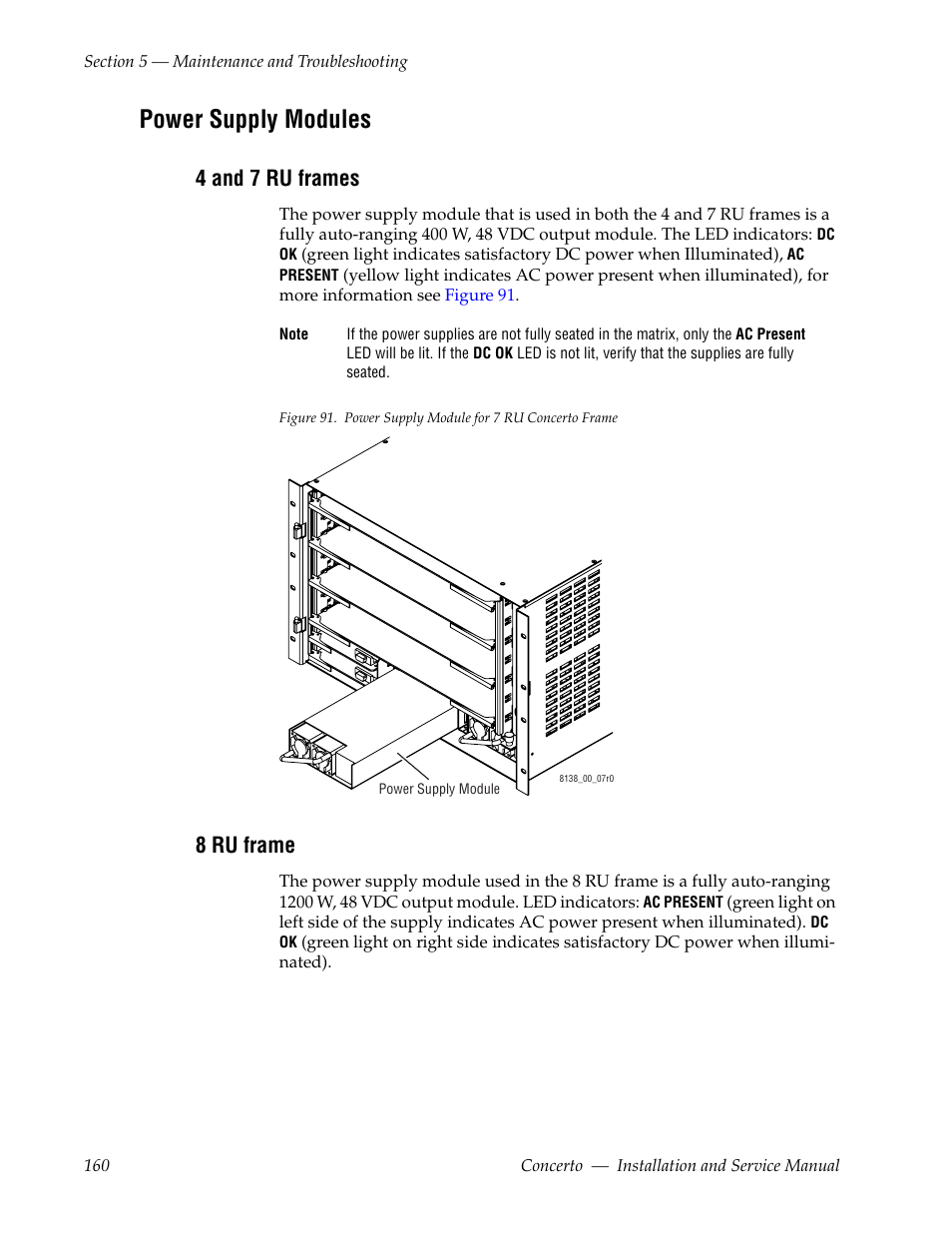 Power supply modules, 4 and 7 ru frames, 8 ru frame | Grass Valley Concerto Routing Matrix v.1.8.1 User Manual | Page 160 / 190