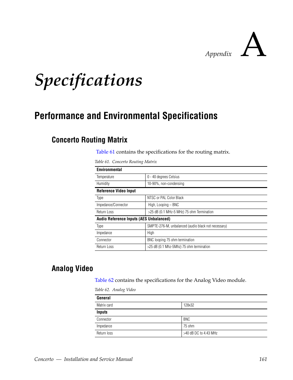 Specifications, Performance and environmental specifications, Concerto routing matrix | Analog video, Appendix a — specifications | Grass Valley Concerto Routing Matrix v.1.8.1 User Manual | Page 161 / 190