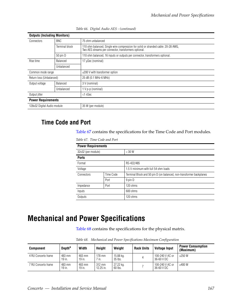 Time code and port, Mechanical and power specifications | Grass Valley Concerto Routing Matrix v.1.8.1 User Manual | Page 167 / 190