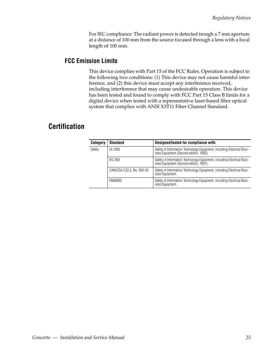 Fcc emission limits, Certification | Grass Valley Concerto Routing Matrix v.1.8.1 User Manual | Page 25 / 190