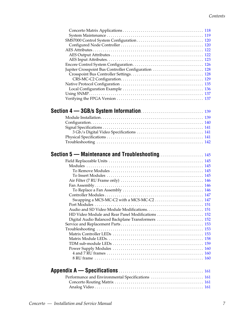 Appendix a — specifications | Grass Valley Concerto Routing Matrix v.1.8.1 User Manual | Page 7 / 190