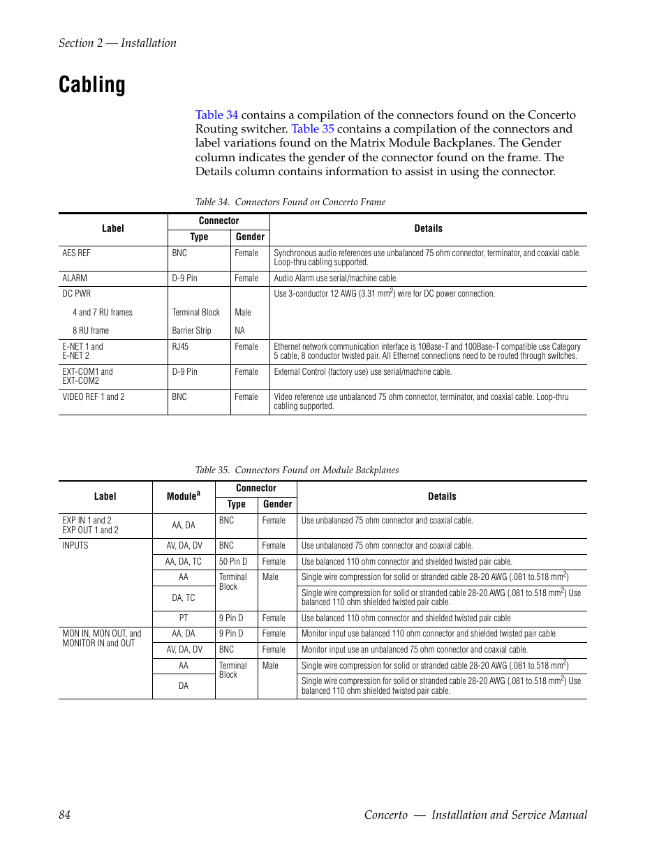 Cabling | Grass Valley Concerto Routing Matrix v.1.8.1 User Manual | Page 84 / 190