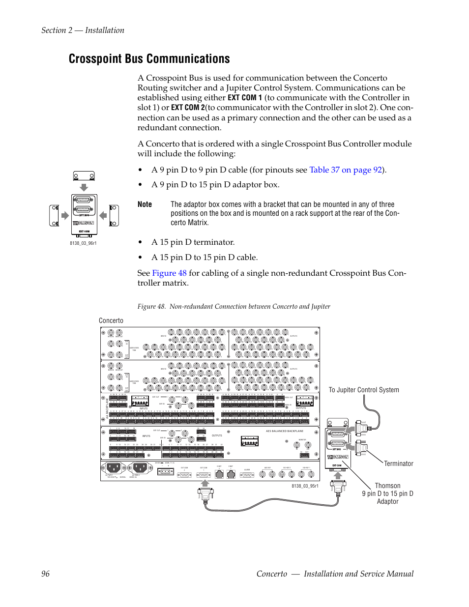 Crosspoint bus communications, Ext com 1, Ext com 2 | Concerto, Thomson 9 pin d to 15 pin d adaptor, Terminator to jupiter control system | Grass Valley Concerto Routing Matrix v.1.8.1 User Manual | Page 96 / 190