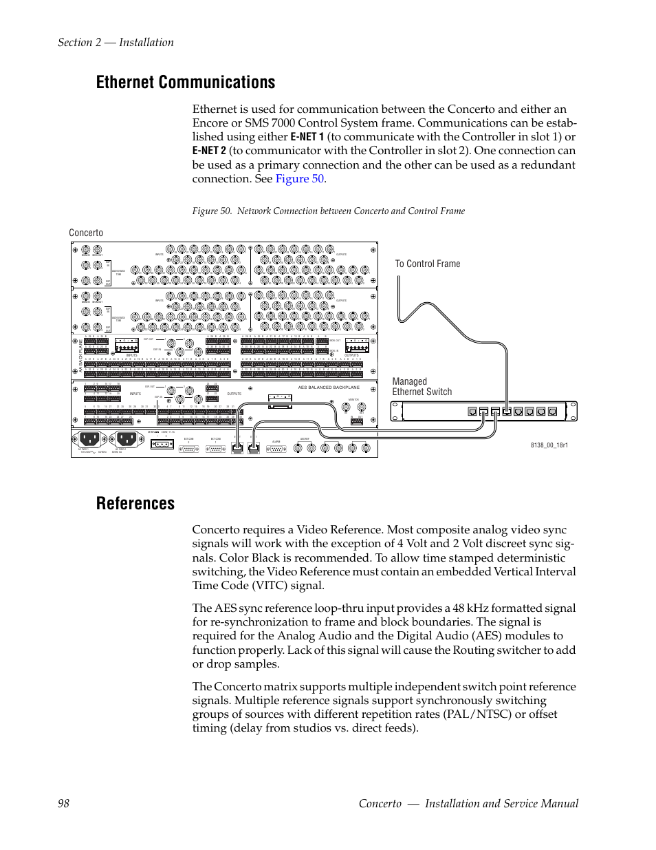 Ethernet communications, References, E-net 1 | E-net 2, Concerto, Managed ethernet switch to control frame | Grass Valley Concerto Routing Matrix v.1.8.1 User Manual | Page 98 / 190