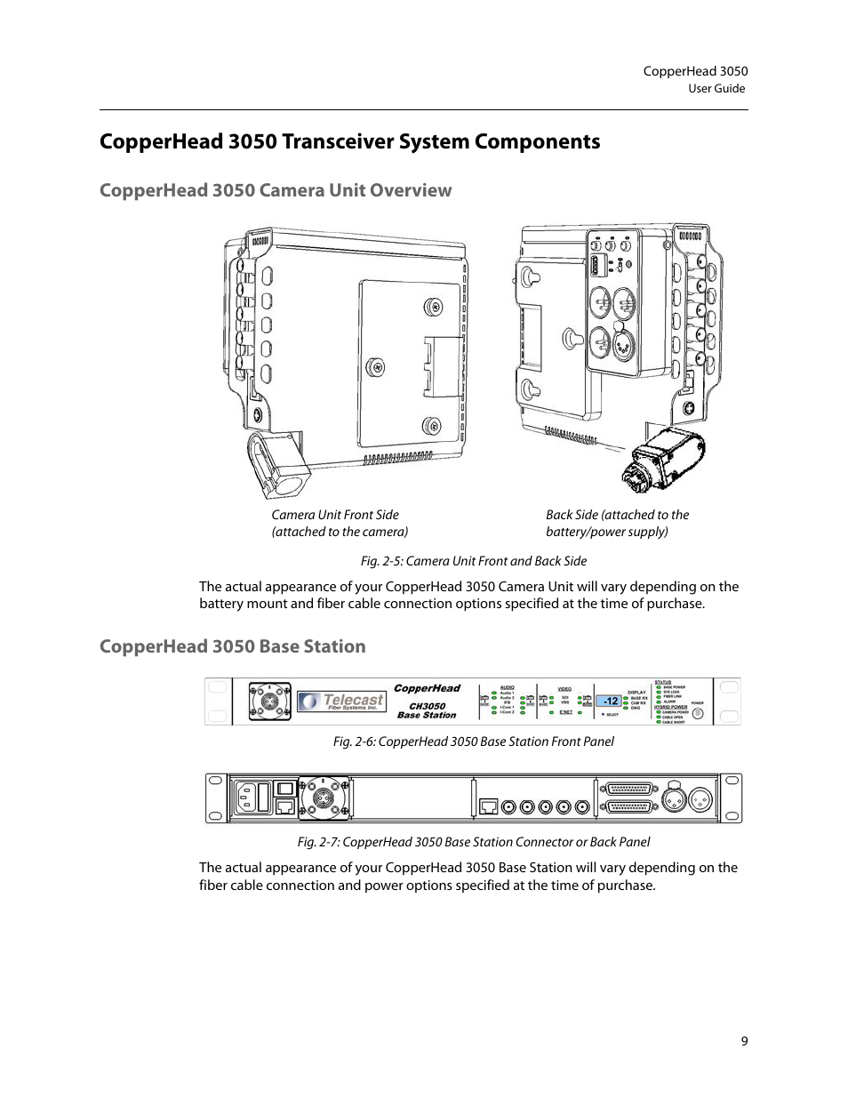 Copperhead 3050 transceiver system components, Copperhead 3050 camera unit overview, Copperhead 3050 base station | Grass Valley 3050 CopperHead User Manual | Page 15 / 93