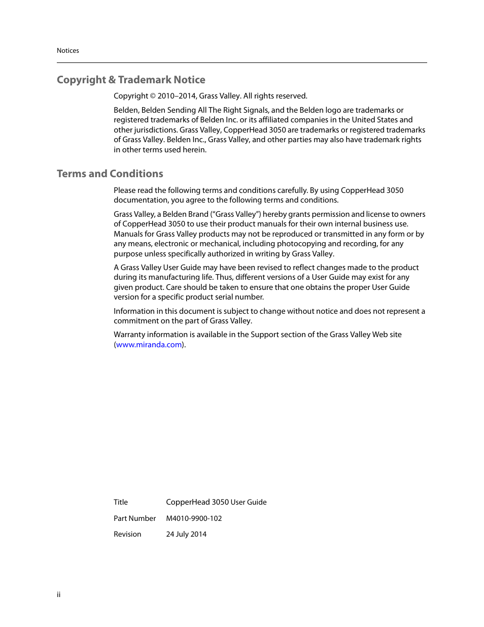 Copyright & trademark notice, Terms and conditions | Grass Valley 3050 CopperHead User Manual | Page 2 / 93