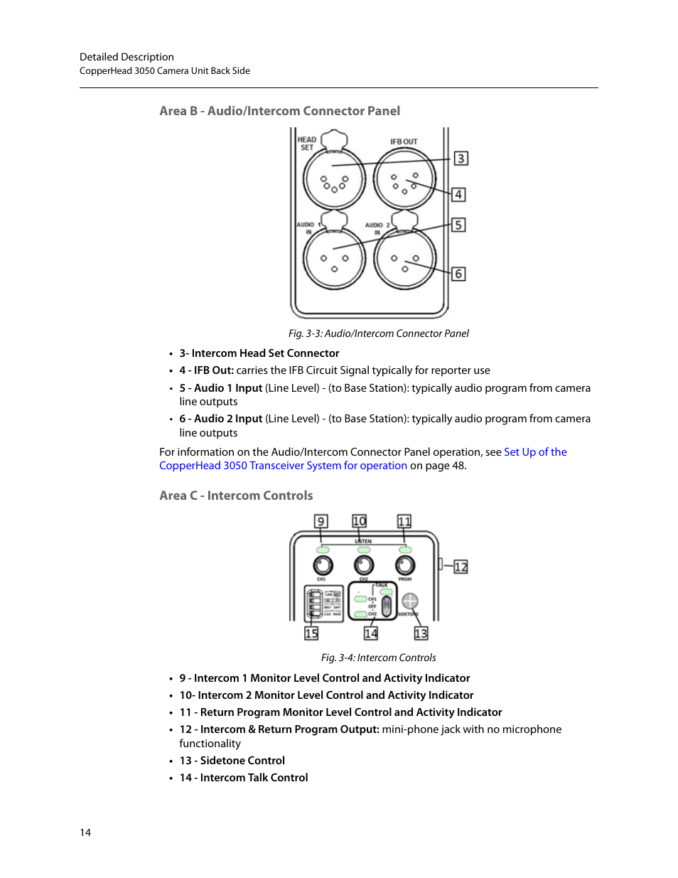 Area b - audio/intercom connector panel, Area c - intercom controls, Area b - audio/intercom connector | Panel | Grass Valley 3050 CopperHead User Manual | Page 20 / 93