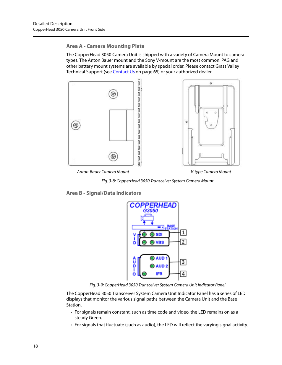 Area a - camera mounting plate, Area b - signal/data indicators | Grass Valley 3050 CopperHead User Manual | Page 24 / 93
