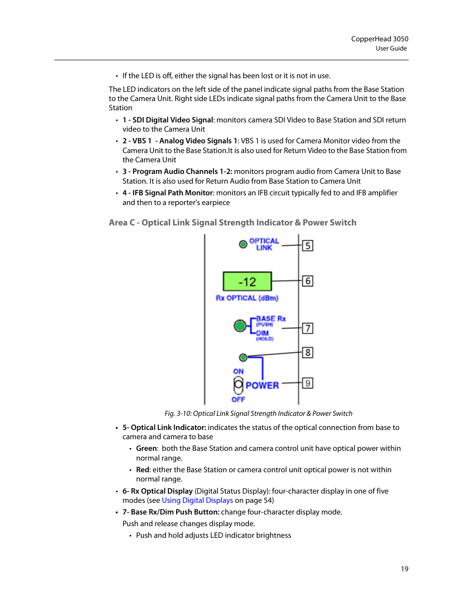 Area c - optical link signal strength, Indicator & power switch | Grass Valley 3050 CopperHead User Manual | Page 25 / 93