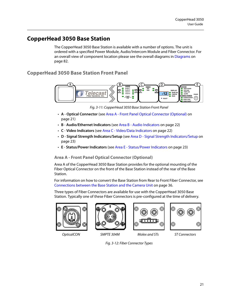 Copperhead 3050 base station, Copperhead 3050 base station front panel, Area a - front panel optical connector (optional) | Grass Valley 3050 CopperHead User Manual | Page 27 / 93