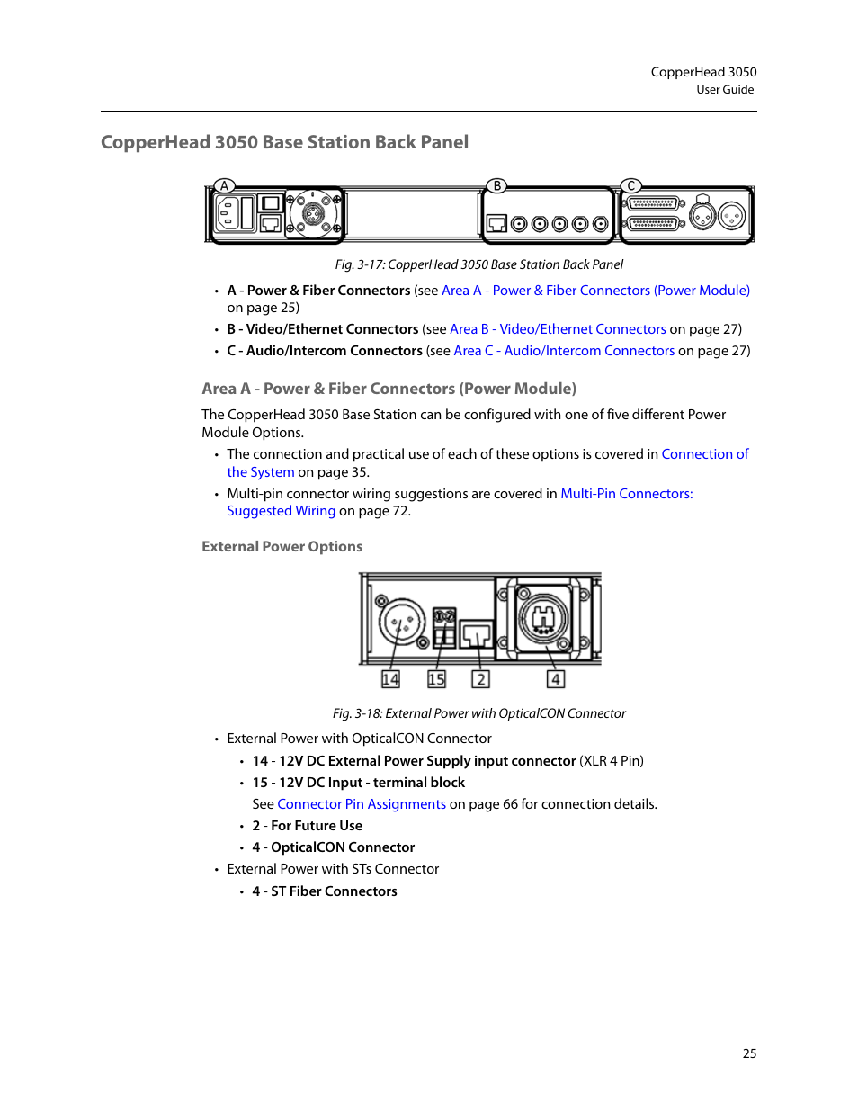 Copperhead 3050 base station back panel, Area a - power & fiber connectors (power module), External power options | Grass Valley 3050 CopperHead User Manual | Page 31 / 93