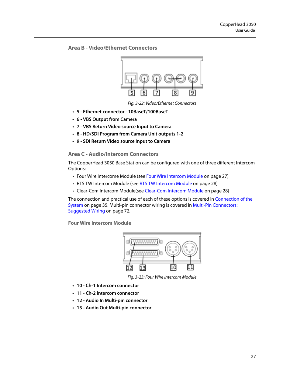 Area b - video/ethernet connectors, Area c - audio/intercom connectors, Four wire intercom module | Grass Valley 3050 CopperHead User Manual | Page 33 / 93