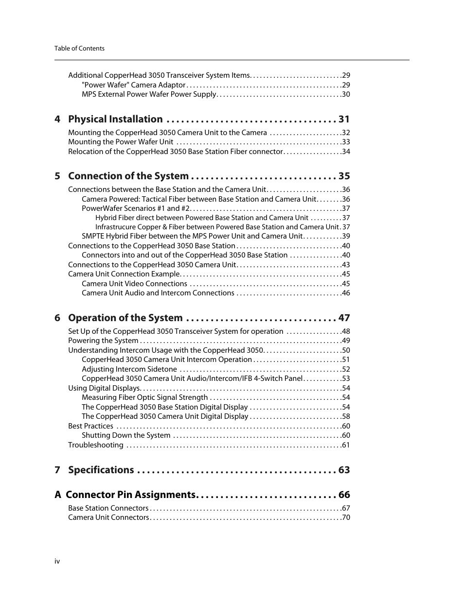 4 physical installation, 5 connection of the system, 6 operation of the system | 7 specifications a connector pin assignments | Grass Valley 3050 CopperHead User Manual | Page 4 / 93