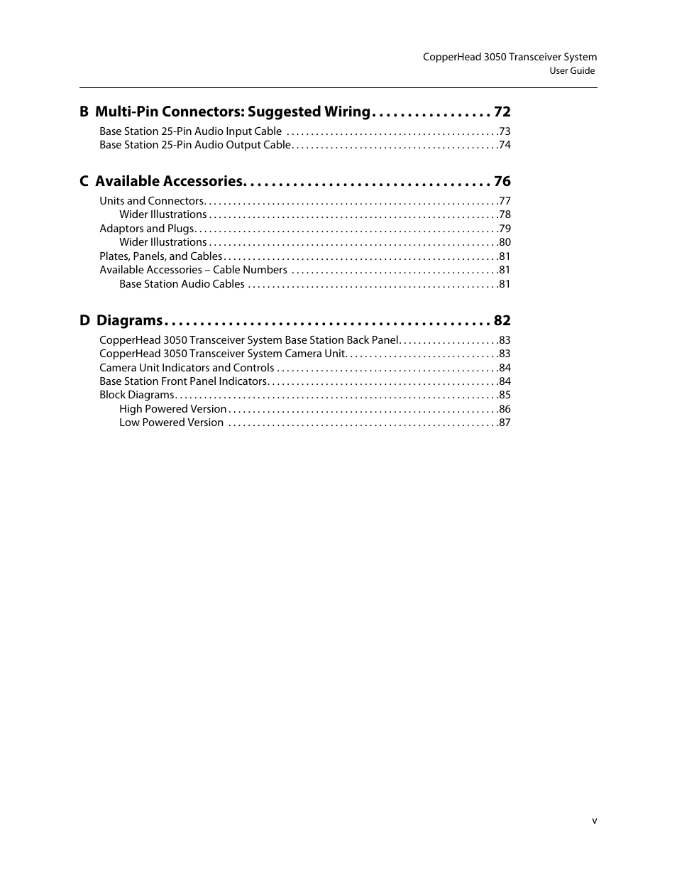 B multi-pin connectors: suggested wiring, C available accessories, D diagrams | Grass Valley 3050 CopperHead User Manual | Page 5 / 93