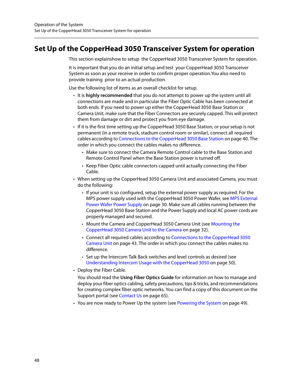 Ation, see, Set up of the, Copperhead 3050 transceiver system for operation | Grass Valley 3050 CopperHead User Manual | Page 54 / 93