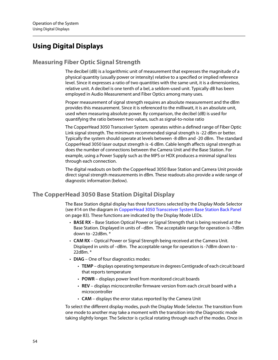 Using digital displays, Measuring fiber optic signal strength, The copperhead 3050 base station digital display | Bed in, Measuring, Fiber optic signal strength | Grass Valley 3050 CopperHead User Manual | Page 60 / 93