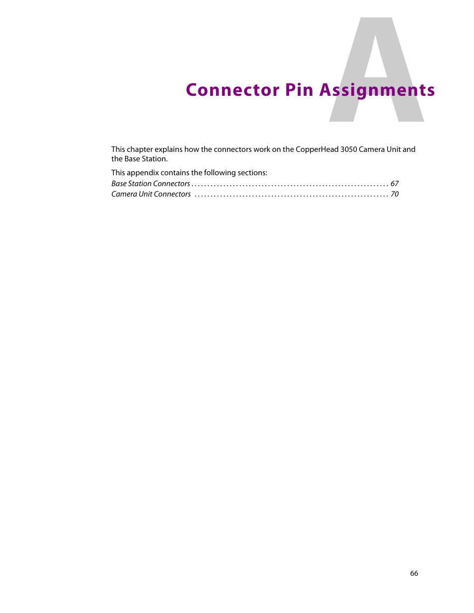 Connector pin assignments, A connector pin assignments | Grass Valley 3050 CopperHead User Manual | Page 72 / 93