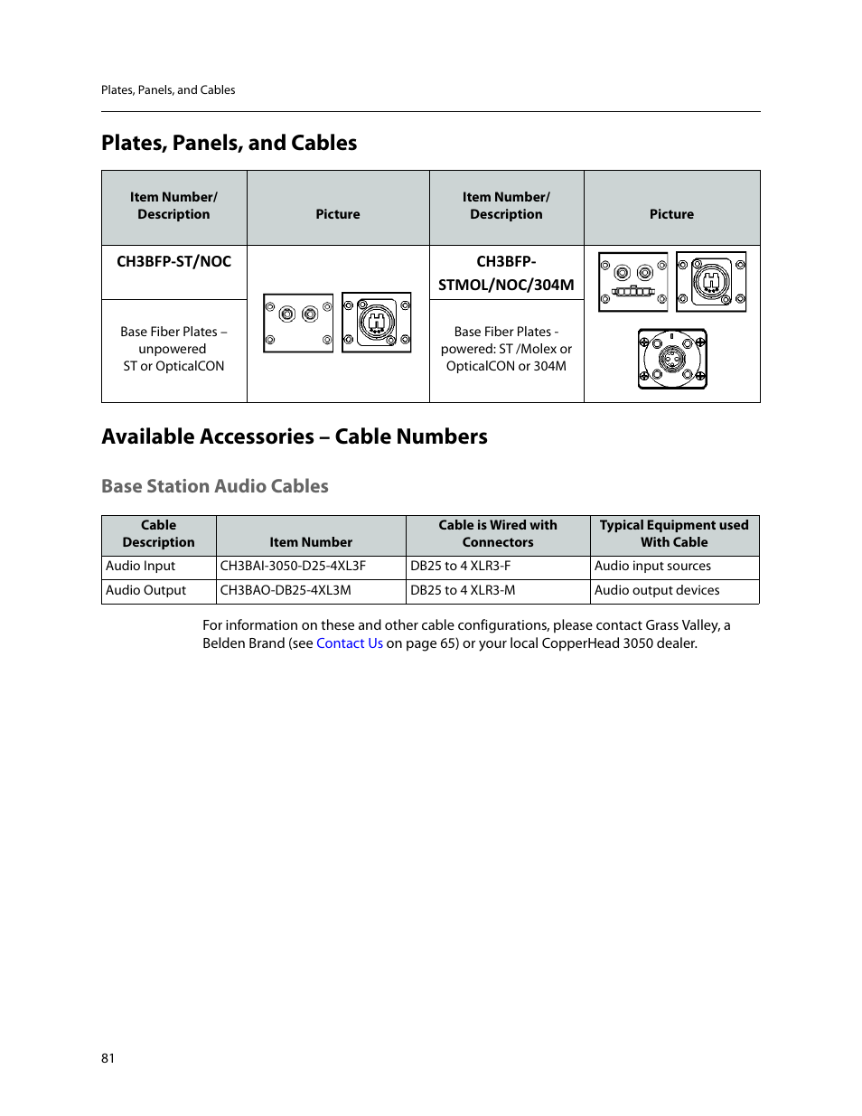 Plates, panels, and cables, Available accessories – cable numbers, Base station audio cables | Grass Valley 3050 CopperHead User Manual | Page 87 / 93