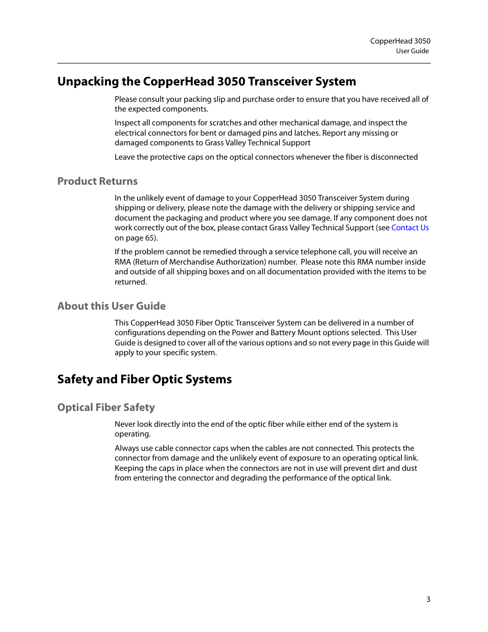 Unpacking the copperhead 3050 transceiver system, Product returns, About this user guide | Safety and fiber optic systems, Optical fiber safety, Product returns about this user guide | Grass Valley 3050 CopperHead User Manual | Page 9 / 93