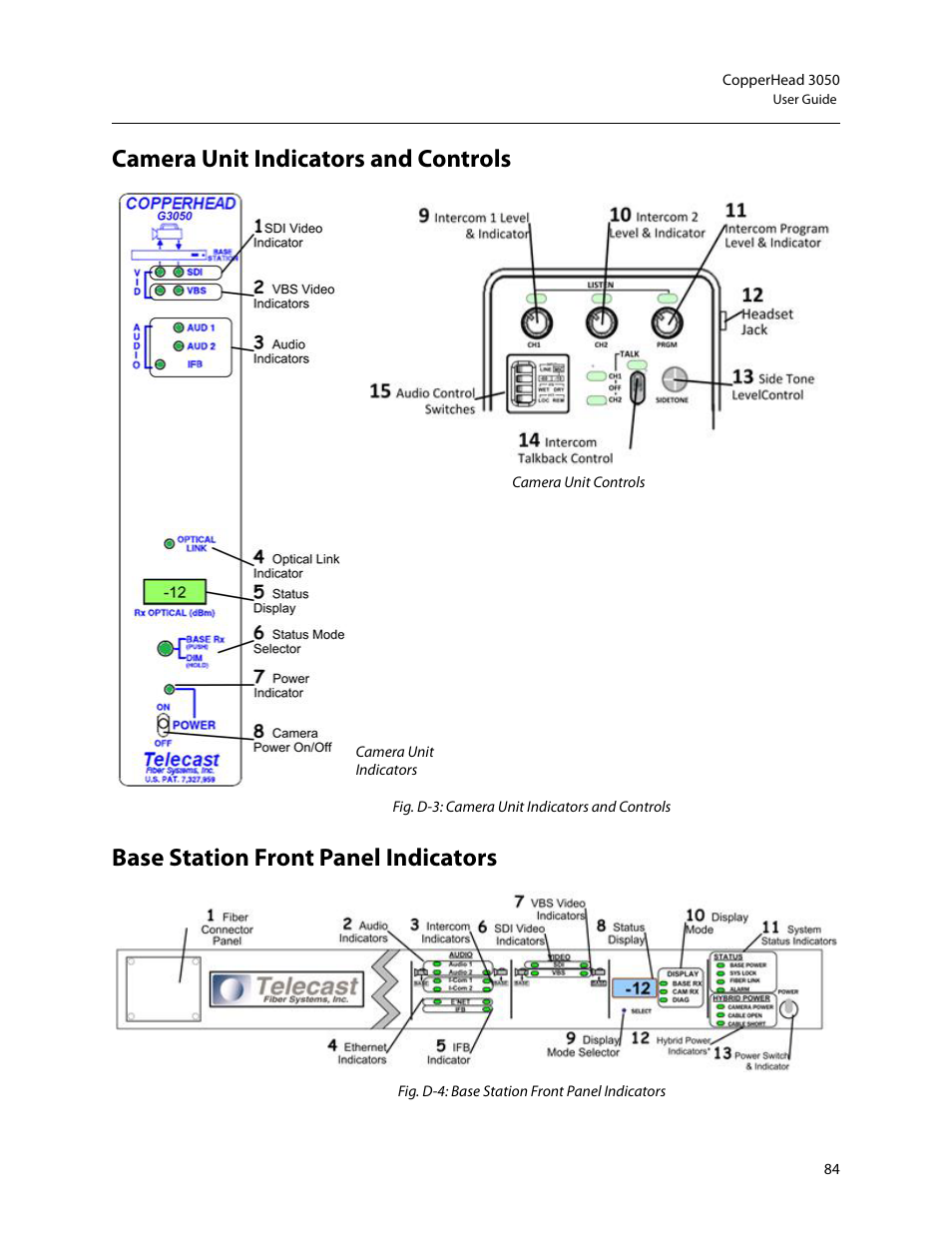 Camera unit indicators and controls, Base station front panel indicators | Grass Valley 3050 CopperHead User Manual | Page 90 / 93